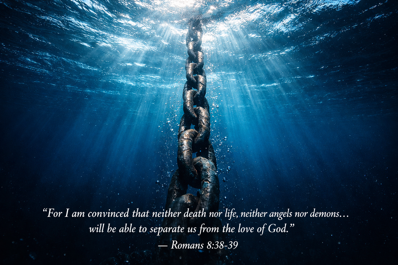 Romans 8:38-39 Bible verse wallpaper underwater anchor chain sunbeams breaking through deep ocean love of God unbreakable